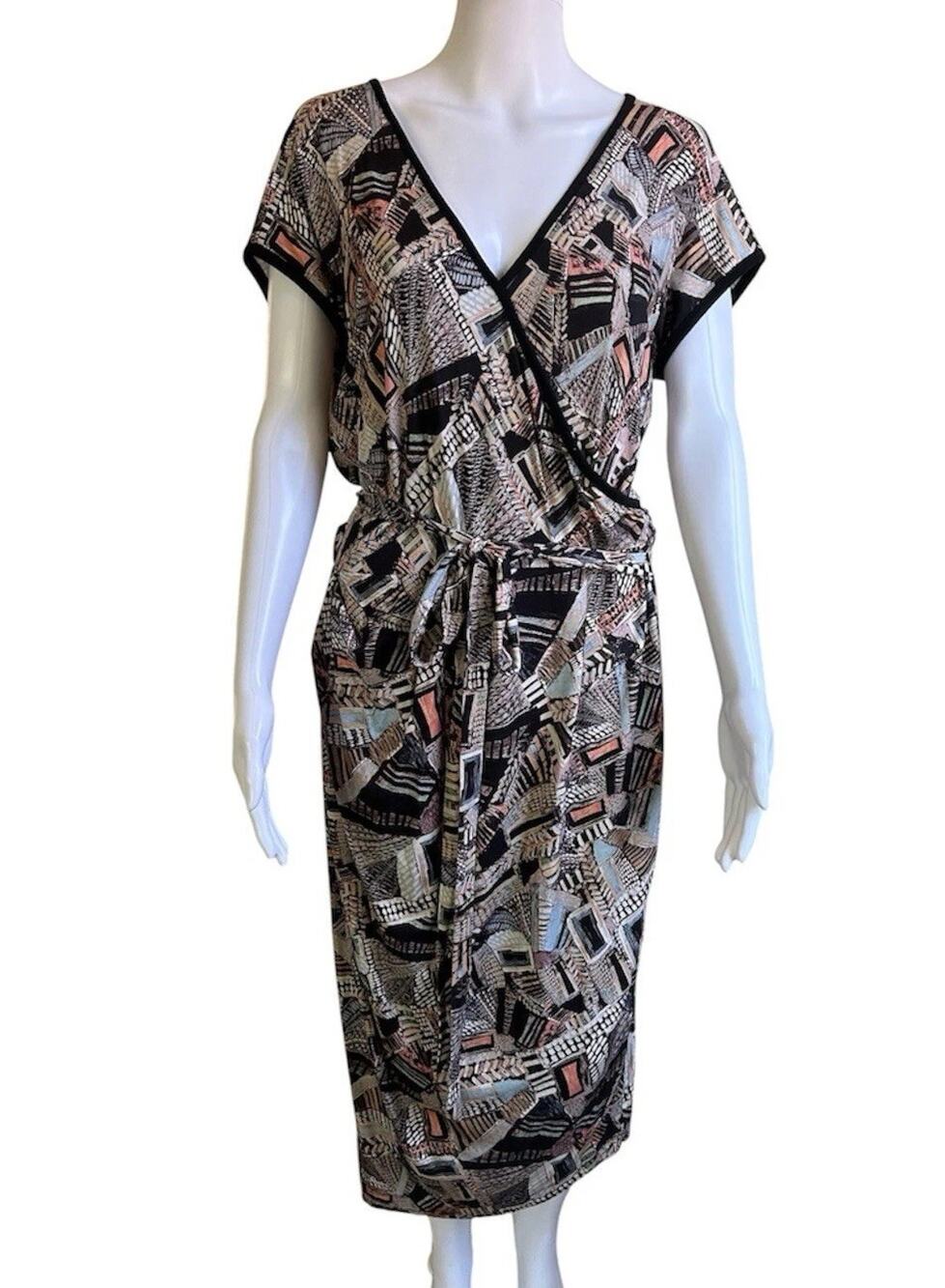 Peruvian Connection Faux Ashanti Wrap Dress Womens L Geometric Midi Boho NWT